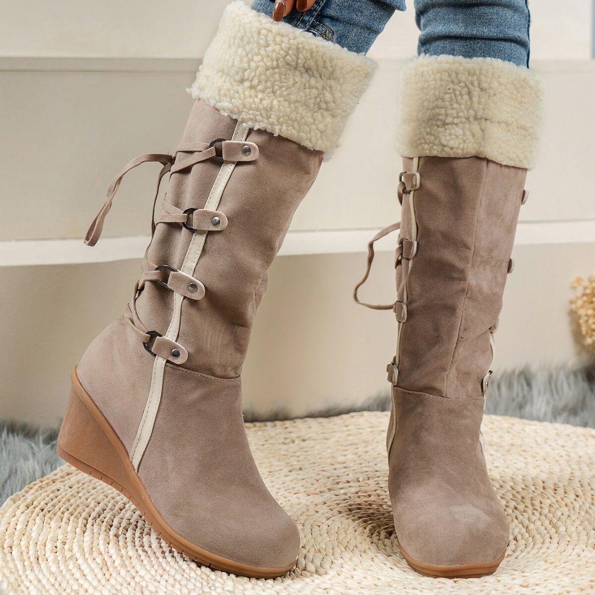 Faux Fur Lined Suede Wedge Boots