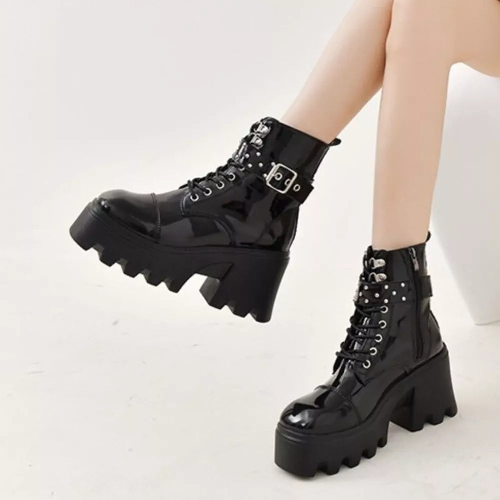 Glossy Platform Ankle Boots With Buckle Accents
