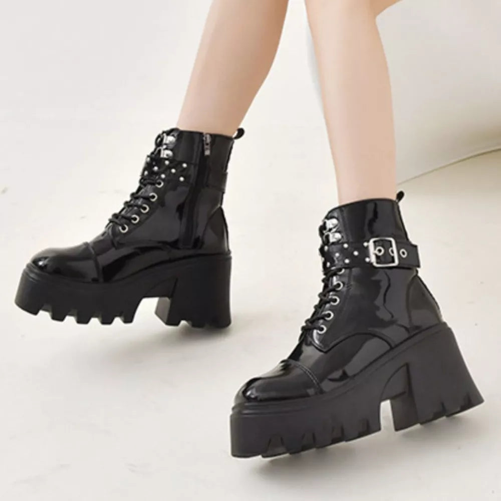 Glossy Platform Ankle Boots With Buckle Accents