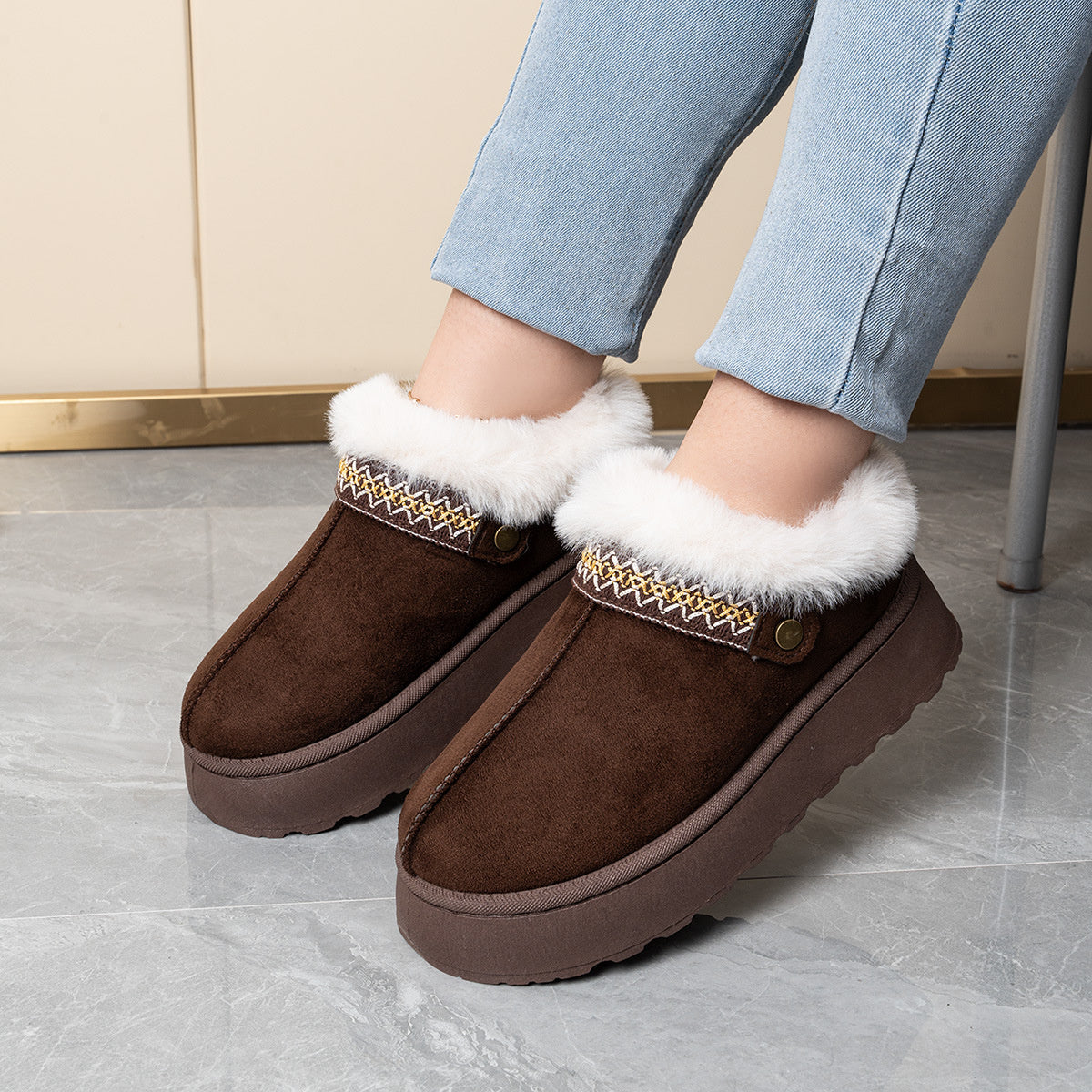 Slip-On Suede Round Toe Platform Ankle Boots
