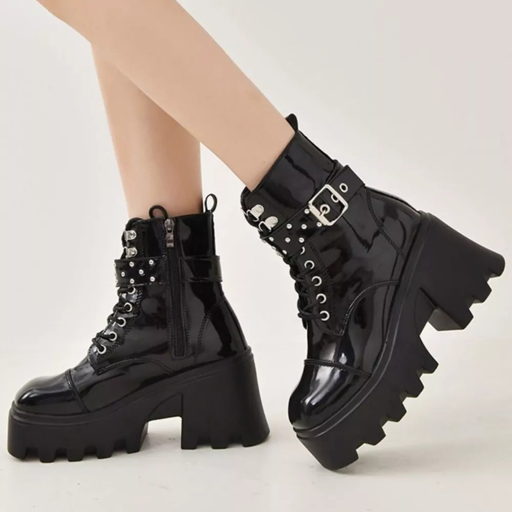 Glossy Platform Ankle Boots With Buckle Accents