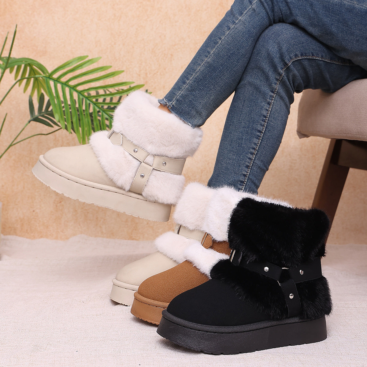 Fabric Chunky-Sole Round Toe Platform Boots