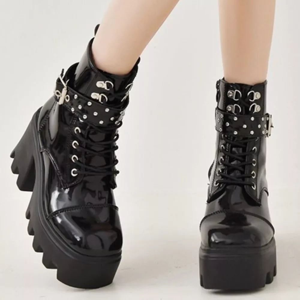 Glossy Platform Ankle Boots With Buckle Accents