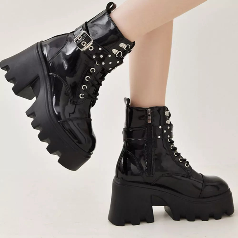 Glossy Platform Ankle Boots With Buckle Accents
