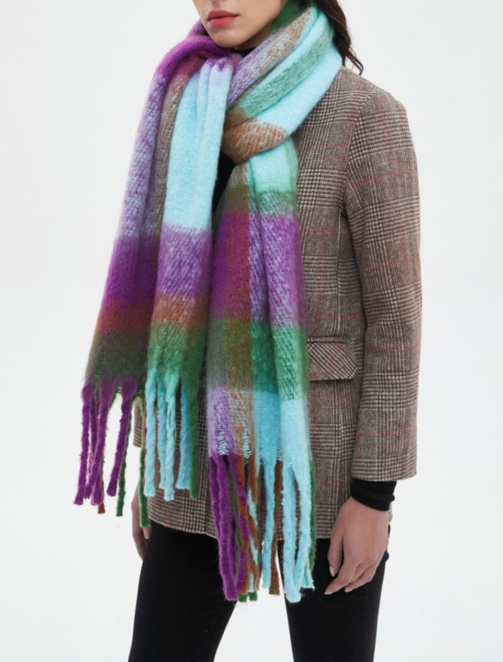 Bold Check Fringed Blanket Wrap Scarf