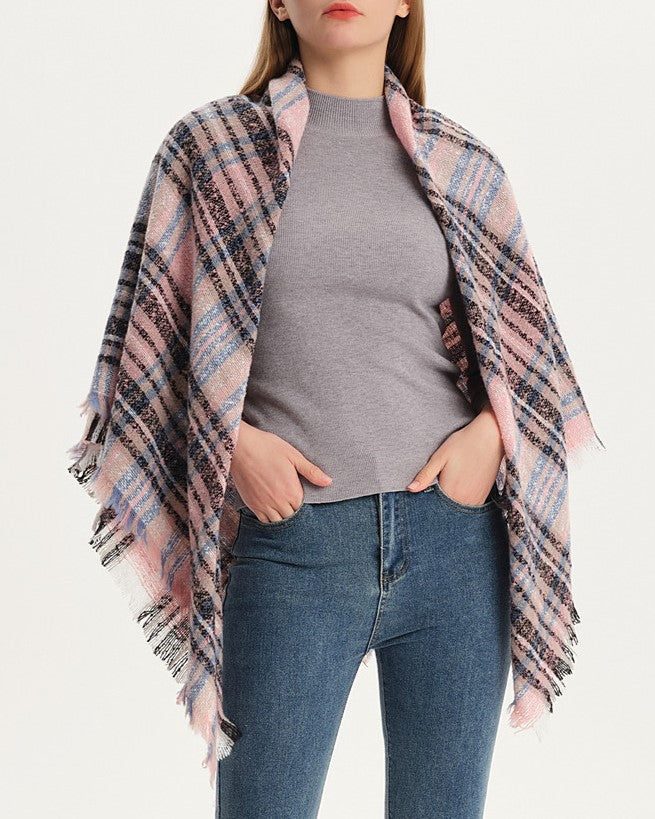 Checked Triangle Blanket Scarf With Frayed Trim