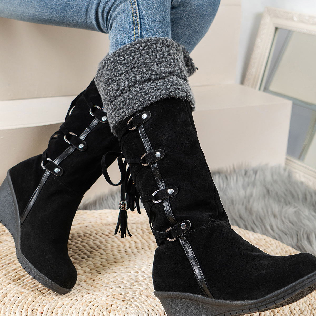 Faux Fur Lined Suede Wedge Boots